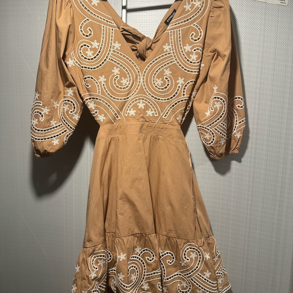 Express Tan Long Sleeve Dress with White Embroidery